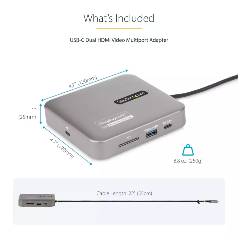 StarTech.com USB C dokstacija, divi 4K 60Hz HDMI saderīga ar Macbook Pro (M1/M2/M3/M4) un Windows, USB-A/USB-C 10Gbps centrmezgls, 100W strāvas piegāde, GbE, SD, 22 collu/56 cm kabelis