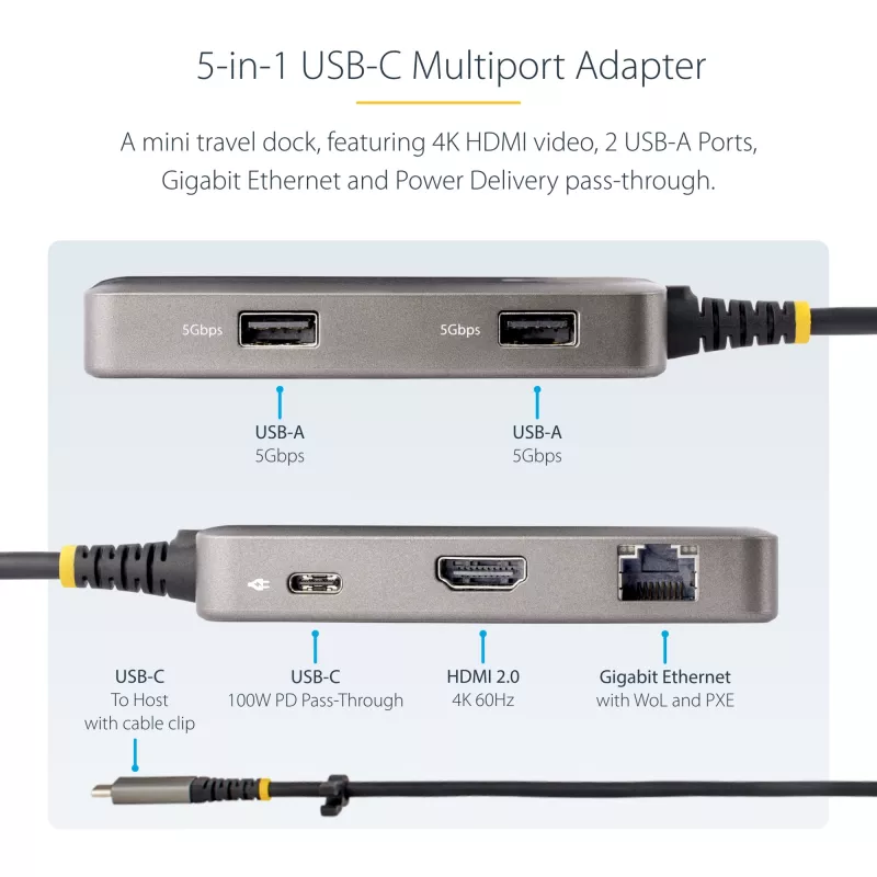 StarTech.com USB-C multiportu adapteris - 4K 60Hz HDMI - HDR - 2 portu 5Gbps USB 3.0 centrmezgls - 100W strāvas padeves caurlaide - GbE - sertificēts darbam ar Chromebook - Windows/macOS