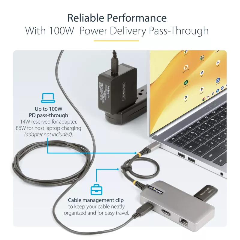 StarTech.com USB-C multiportu adapteris - 4K 60Hz HDMI - HDR - 2 portu 5Gbps USB 3.0 centrmezgls - 100W strāvas padeves caurlaide - GbE - sertificēts darbam ar Chromebook - Windows/macOS
