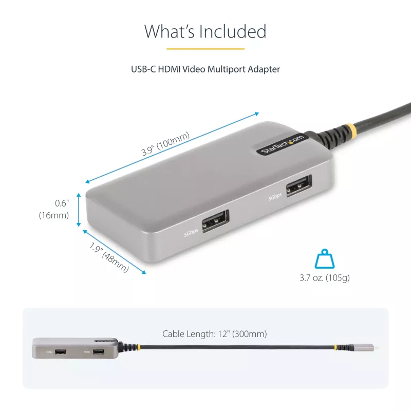 StarTech.com USB-C multiportu adapteris - 4K 60Hz HDMI - HDR - 2 portu 5Gbps USB 3.0 centrmezgls - 100W strāvas padeves caurlaide - GbE - sertificēts darbam ar Chromebook - Windows/macOS