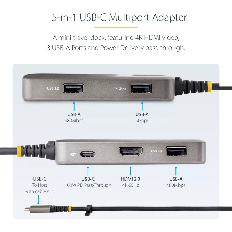 StarTech.com USB-C multiportu adapteris - 4K 60Hz HDMI ar HDR - 3 portu USB centrmezgls - 100W Power Delivery caurlaide - sertificēts Works With Chromebook - Windows/macOS/iPadOS/Android™