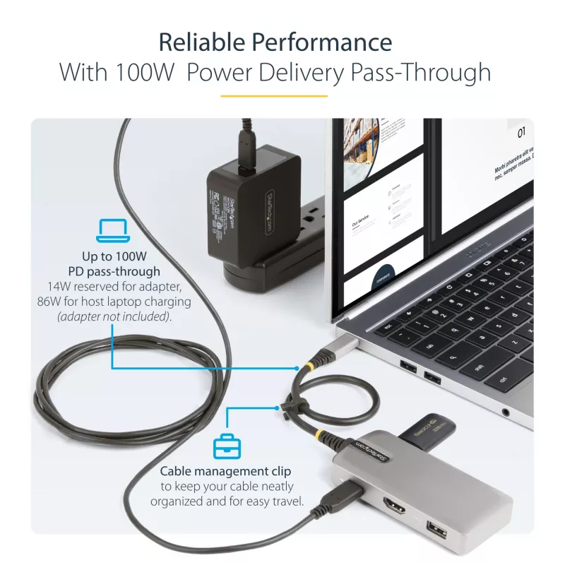 StarTech.com USB-C multiportu adapteris - 4K 60Hz HDMI ar HDR - 3 portu USB centrmezgls - 100W Power Delivery caurlaide - sertificēts Works With Chromebook - Windows/macOS/iPadOS/Android™