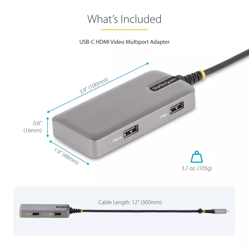 StarTech.com USB-C multiportu adapteris - 4K 60Hz HDMI ar HDR - 3 portu USB centrmezgls - 100W Power Delivery caurlaide - sertificēts Works With Chromebook - Windows/macOS/iPadOS/Android™