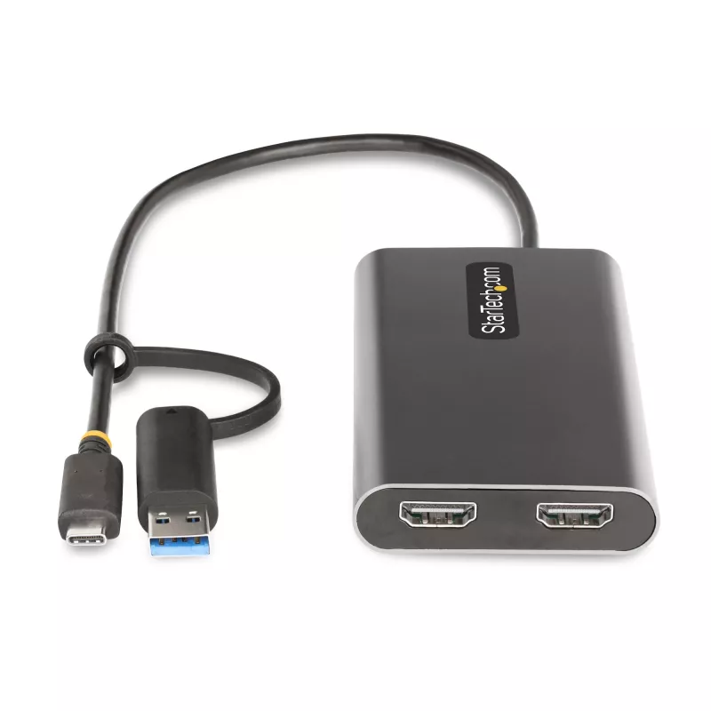 StarTech.com USB-C uz divu HDMI adapteris - USB-C vai A uz 2x HDMI - 4K 60Hz - 100W Power Delivery caurlaide - 1 pēda (30 cm) iebūvēts kabelis - USB uz HDMI vairāku monitoru pārveidotājs klēpjdatoram - TAA