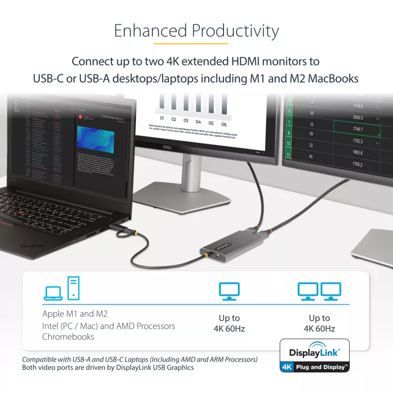 StarTech.com USB-C uz divu HDMI adapteris - USB-C vai A uz 2x HDMI - 4K 60Hz - 100W Power Delivery caurlaide - 1 pēda (30 cm) iebūvēts kabelis - USB uz HDMI vairāku monitoru pārveidotājs klēpjdatoram - TAA
