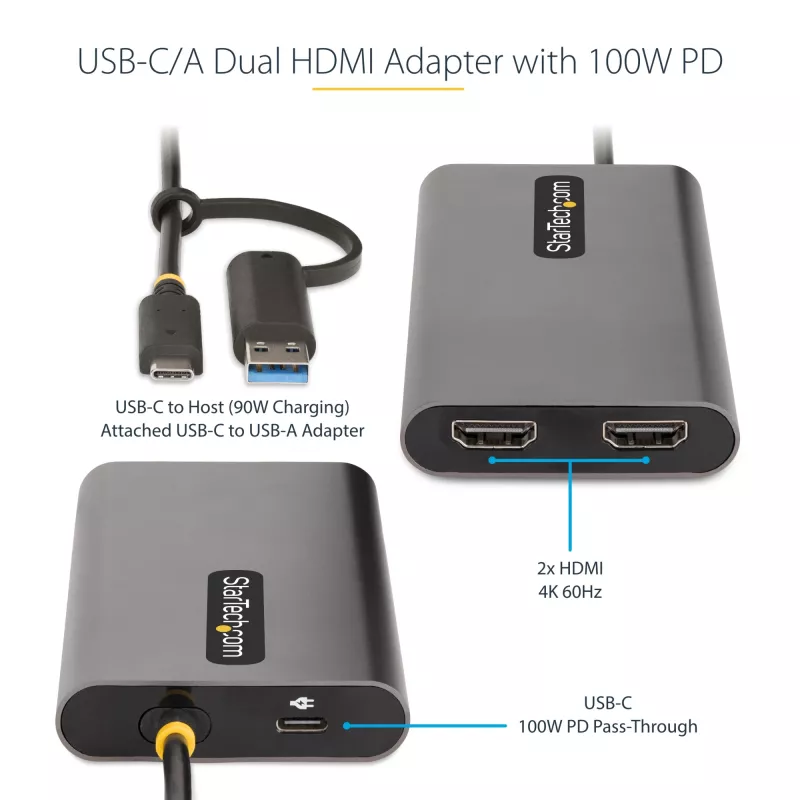 StarTech.com USB-C uz divu HDMI adapteris - USB-C vai A uz 2x HDMI - 4K 60Hz - 100W Power Delivery caurlaide - 1 pēda (30 cm) iebūvēts kabelis - USB uz HDMI vairāku monitoru pārveidotājs klēpjdatoram - TAA