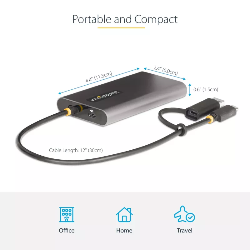 StarTech.com USB-C uz divu HDMI adapteris - USB-C vai A uz 2x HDMI - 4K 60Hz - 100W Power Delivery caurlaide - 1 pēda (30 cm) iebūvēts kabelis - USB uz HDMI vairāku monitoru pārveidotājs klēpjdatoram - TAA