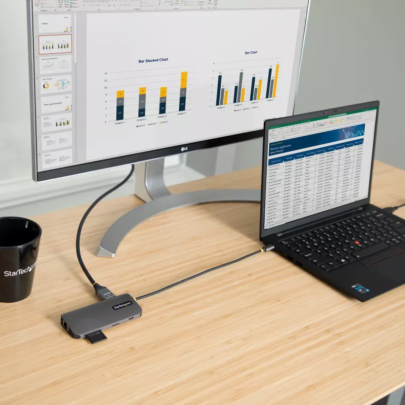 StarTech.com USB C daudzportu adapteris 4K 60Hz HDMI Video, 3 Pt 5Gbps USB-A centrmezgls, 100W USB Power Delivery caurlaide/GbE/SD/MicroSD, 12 collu/30cm kabelis, ceļojumu klēpjdatora dokstacija