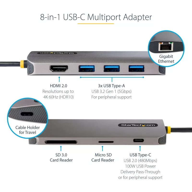 StarTech.com USB C daudzportu adapteris 4K 60Hz HDMI Video, 3 Pt 5Gbps USB-A centrmezgls, 100W USB Power Delivery caurlaide/GbE/SD/MicroSD, 12 collu/30cm kabelis, ceļojumu klēpjdatora dokstacija