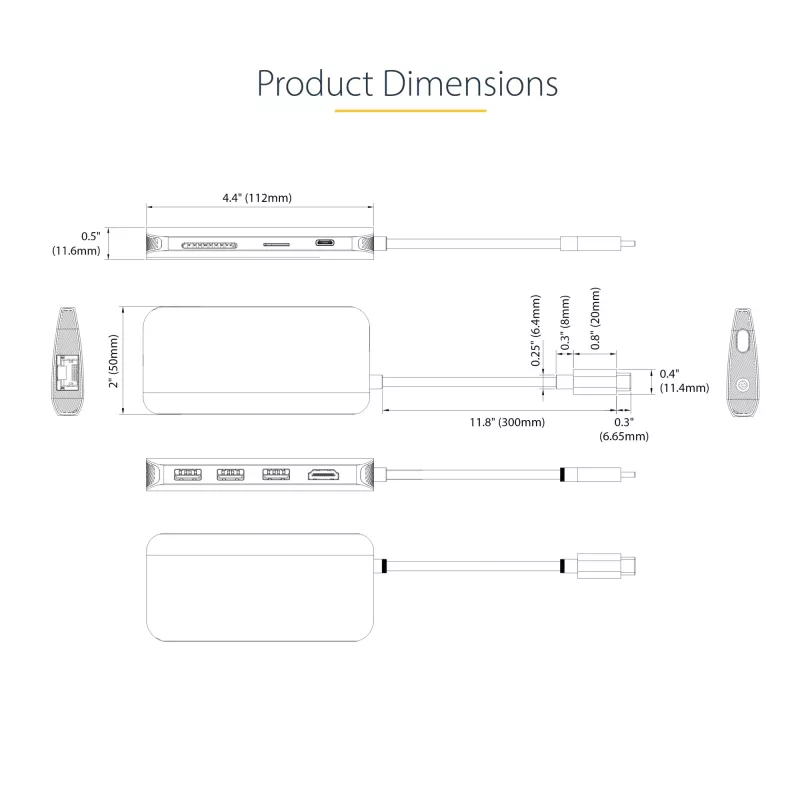 StarTech.com USB C daudzportu adapteris 4K 60Hz HDMI Video, 3 Pt 5Gbps USB-A centrmezgls, 100W USB Power Delivery caurlaide/GbE/SD/MicroSD, 12 collu/30cm kabelis, ceļojumu klēpjdatora dokstacija