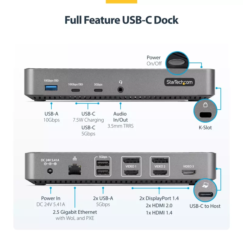 StarTech.com USB-C trīs monitoru dokstacija - HDMI/DP trīskāršs 4k USB-C doks - 5x USB centrmezgls - GbE - 100W PD - Universāla vairāku monitoru dokstacija - saderīga ar Thunderbolt 3/4