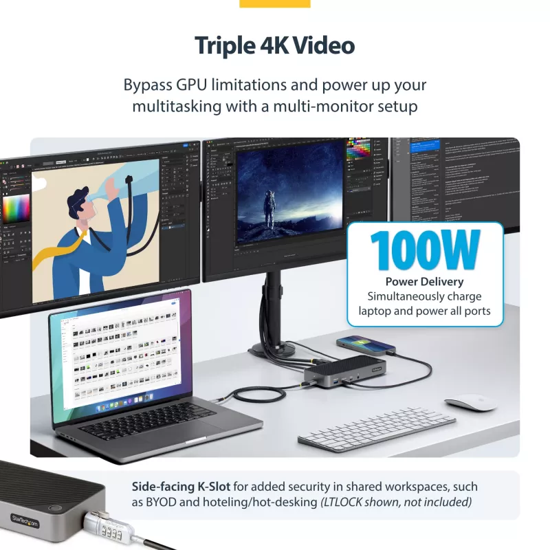 StarTech.com USB-C trīs monitoru dokstacija - HDMI/DP trīskāršs 4k USB-C doks - 5x USB centrmezgls - GbE - 100W PD - Universāla vairāku monitoru dokstacija - saderīga ar Thunderbolt 3/4