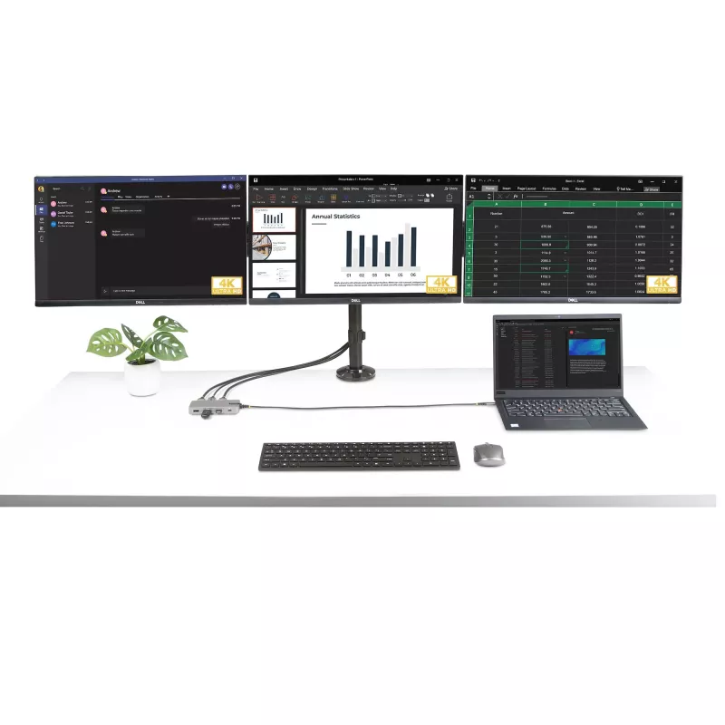 StarTech.com USB-C trīskāršu monitoru vairākportu adapteris, dubultā 4K 60Hz + 4K 30Hz HDMI un DisplayPort, 3 portu USB 10Gbps centrmezgls, 100W PD caurlaide, GbE, ceļojumu dokstacija, Windows un ChromeOS
