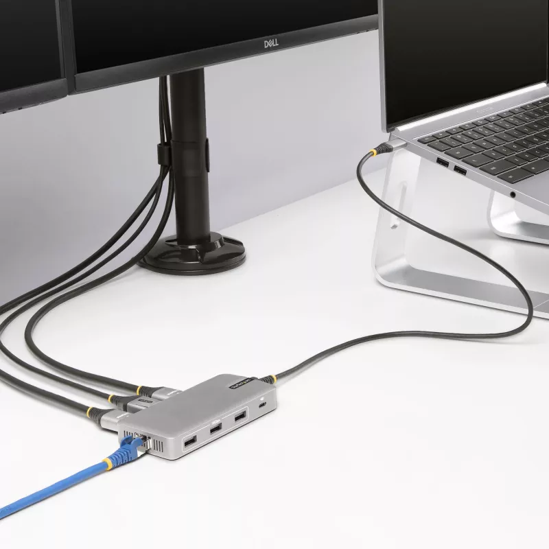 StarTech.com USB-C trīskāršu monitoru vairākportu adapteris, dubultā 4K 60Hz + 4K 30Hz HDMI un DisplayPort, 3 portu USB 10Gbps centrmezgls, 100W PD caurlaide, GbE, ceļojumu dokstacija, Windows un ChromeOS
