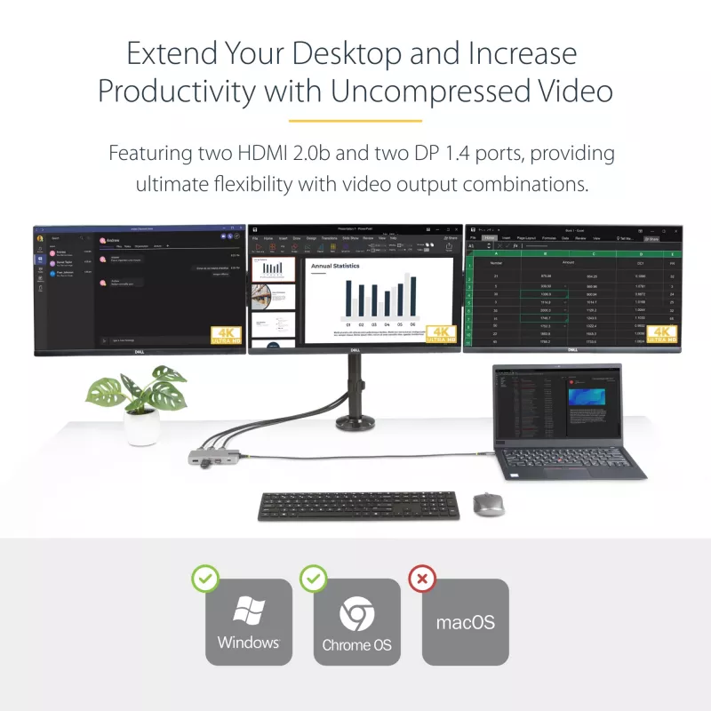 StarTech.com USB-C trīskāršu monitoru vairākportu adapteris, dubultā 4K 60Hz + 4K 30Hz HDMI un DisplayPort, 3 portu USB 10Gbps centrmezgls, 100W PD caurlaide, GbE, ceļojumu dokstacija, Windows un ChromeOS