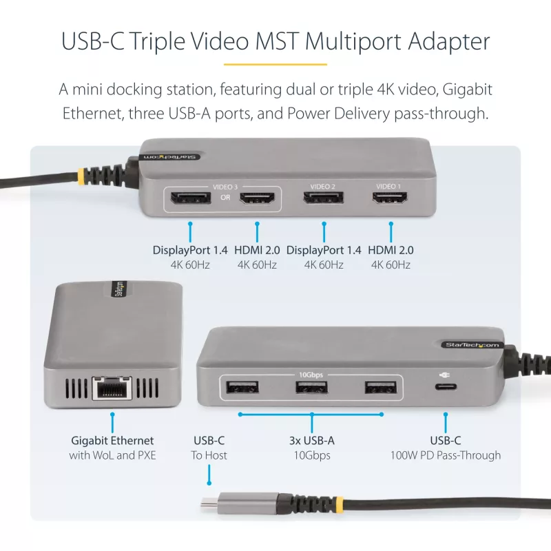 StarTech.com USB-C trīskāršu monitoru vairākportu adapteris, dubultā 4K 60Hz + 4K 30Hz HDMI un DisplayPort, 3 portu USB 10Gbps centrmezgls, 100W PD caurlaide, GbE, ceļojumu dokstacija, Windows un ChromeOS