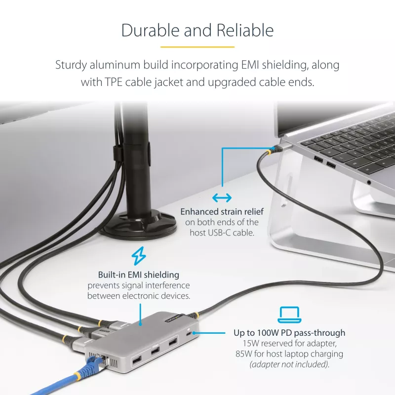 StarTech.com USB-C trīskāršu monitoru vairākportu adapteris, dubultā 4K 60Hz + 4K 30Hz HDMI un DisplayPort, 3 portu USB 10Gbps centrmezgls, 100W PD caurlaide, GbE, ceļojumu dokstacija, Windows un ChromeOS