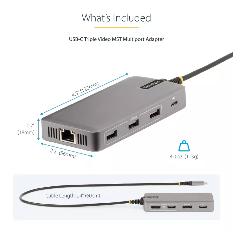 StarTech.com USB-C trīskāršu monitoru vairākportu adapteris, dubultā 4K 60Hz + 4K 30Hz HDMI un DisplayPort, 3 portu USB 10Gbps centrmezgls, 100W PD caurlaide, GbE, ceļojumu dokstacija, Windows un ChromeOS