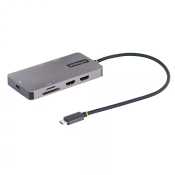 StarTech.com USB C vairāku pieslēgvietu adapteris, divi HDMI video izejas, 4K 60Hz, 2-portu 5Gbps USB-A centrmezgls, 100W Power Delivery caurlaide / GbE / SD / MicroSD, 12 collu / 30 cm kabelis, ceļojumu dokstacija, klēpjdatora pieslēgstacija