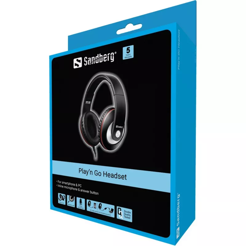 Sandberg Play'n Go Headset Melns, vadu, zvani/mūzika, 20–20000 Hz, 430 g, austiņas, melnas