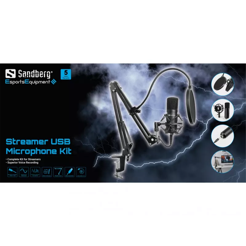 Sandberg Streamer USB mikrofona komplekts, Studijas mikrofons, -27 dB, 30 - 16000 Hz, 24 bitu, 96 kHz, Vienvirziena
