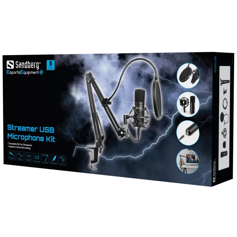 Sandberg Streamer USB mikrofona komplekts, Studijas mikrofons, -27 dB, 30 - 16000 Hz, 24 bitu, 96 kHz, Vienvirziena