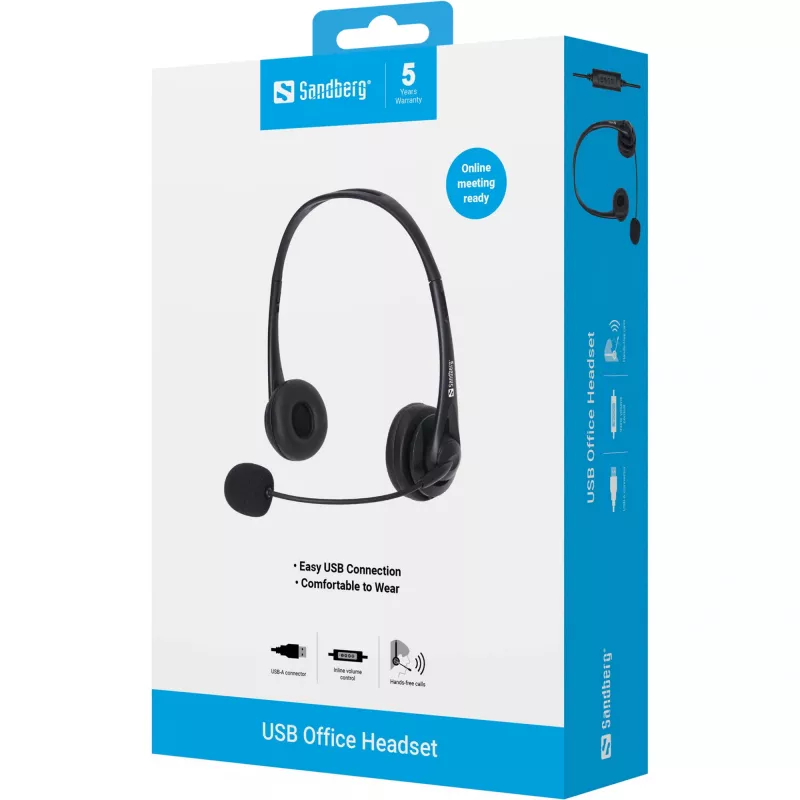 Sandberg USB Office Headset, vadu, Office/Call center, 20 - 20000 Hz, 94 g, austiņas, melnas