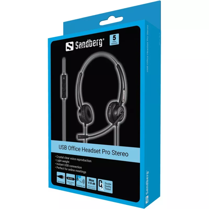 Sandberg USB Office Headset Pro Stereo, vadu, birojs/zvanu centrs, 20–20000 Hz, 115 g, austiņas, melnas