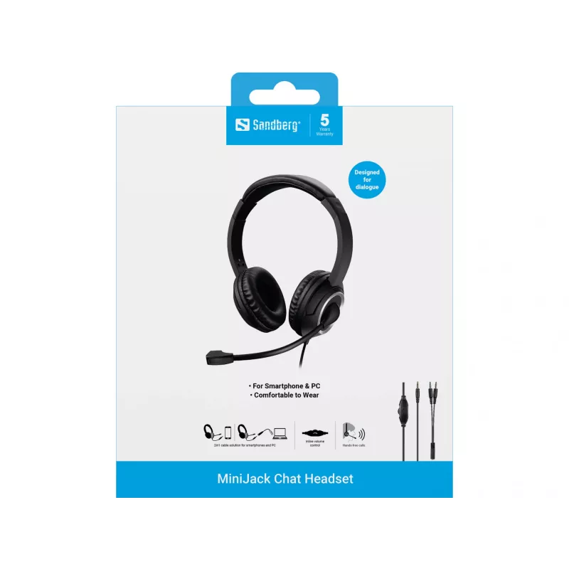 Sandberg MiniJack Chat Headset, Vadu, Zvaniem/Mūzikai, 20 - 20000 Hz, 180 g, Austiņas, Melns