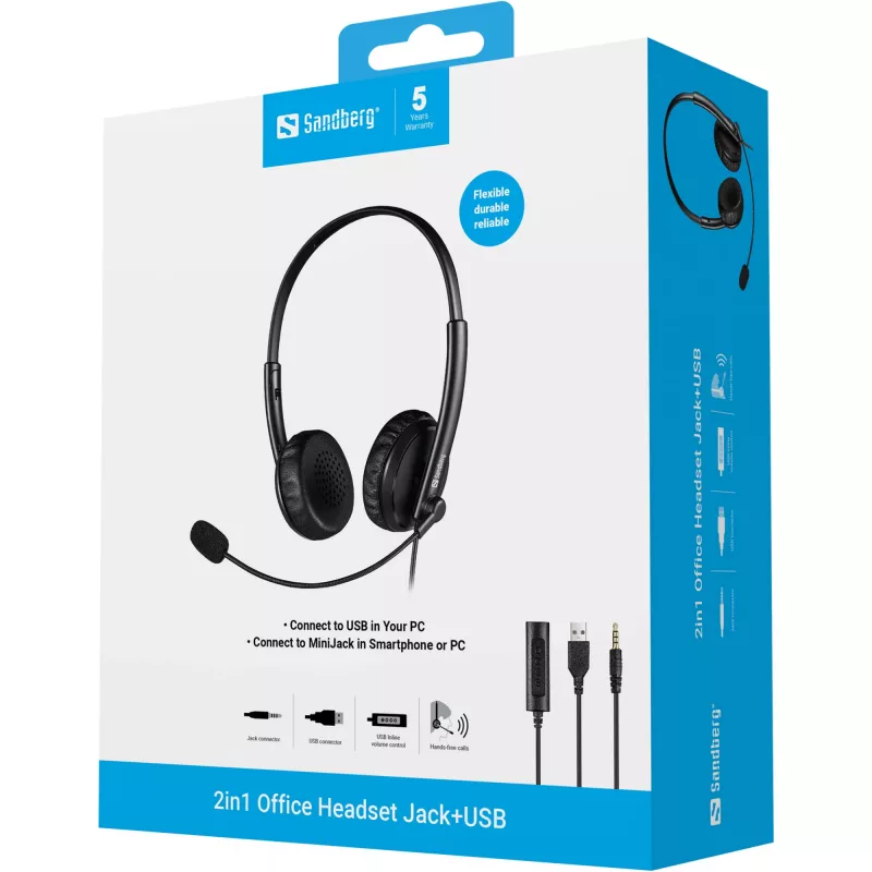 Sandberg 2in1 Office Headset Jack+USB, vadu, birojs/zvanu centrs, 20 - 20000 Hz, 110 g, austiņas, melnas