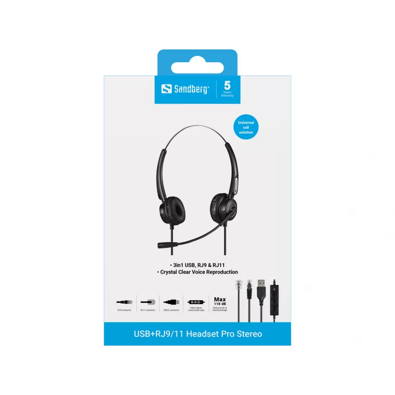 Sandberg USB+RJ9/11 Headset Pro Stereo, vadu, birojs/zvanu centrs, 20–7000 Hz, austiņas, melnas