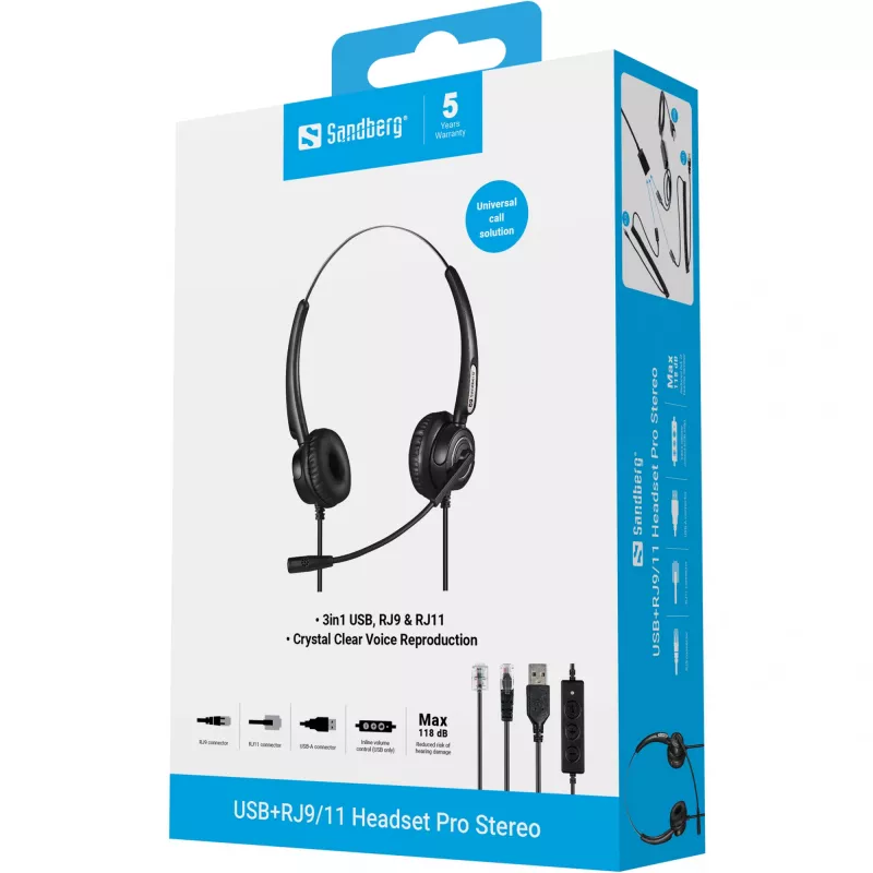 Sandberg USB+RJ9/11 Headset Pro Stereo, vadu, birojs/zvanu centrs, 20–7000 Hz, austiņas, melnas