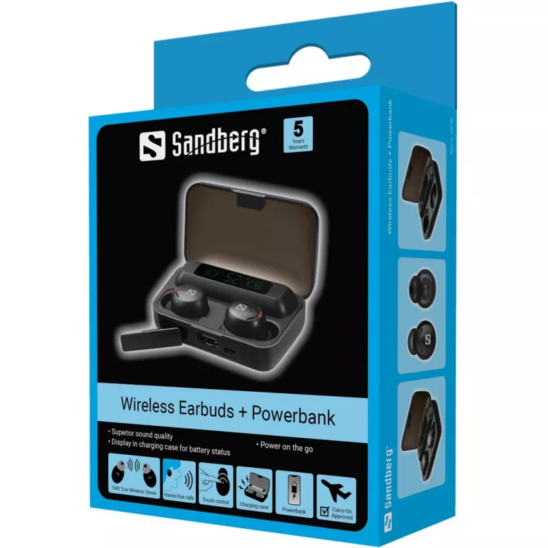 Sandberg Wireless Earbuds + Powerbank, True Wireless Stereo (TWS), 20 - 20000 Hz, Zvani/Mūzika, Headset, Melns