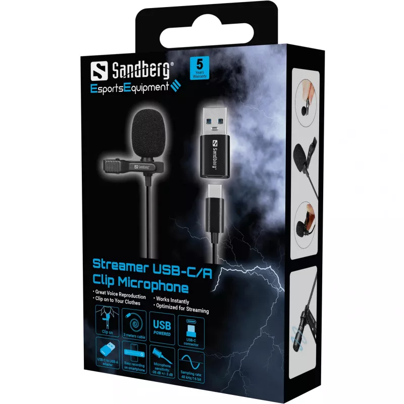 Sandberg Streamer USB Clip mikrofons, pie apkakles piestiprināms / atloka mikrofons, -38 dB, 50–18000 Hz, 16 bitu, 48 kHz, 84 dB