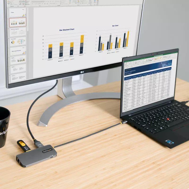 StarTech.com USB-C daudzportu adapteris, 4K 60Hz HDMI video, 3 portu 5Gbps USB centrmezgls, 100W jaudas padeves caurlaide, GbE, 12 collu/30 cm kabelis, mini ceļojuma dokstacija, klēpjdatora dokstacija