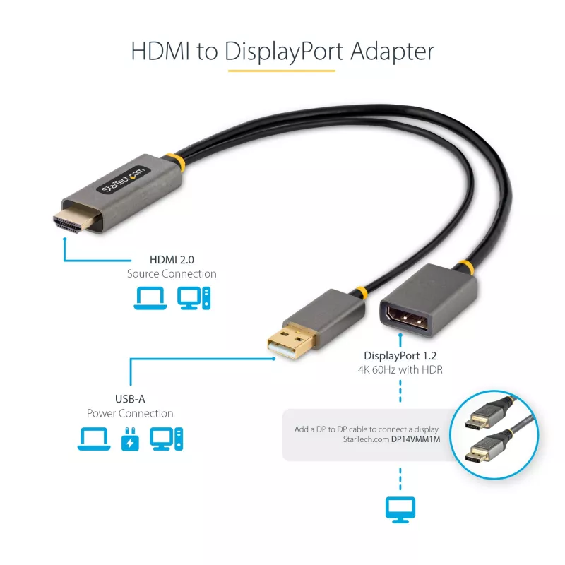 StarTech.com 1 pēda (30cm) HDMI–DisplayPort adaptera kabelis, aktīvs 4K 60Hz HDMI 2.0–DP 1.2 pārveidotājs, HDR, USB kopnes barošana, HDMI avots DisplayPort monitoram, klēpjdatoriem/PC