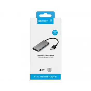 Sandberg USB 3.0 Pocket Hub 4 porti, USB 3.2 Gen 1 (3.1 Gen 1) Type-A, USB 3.2 Gen 1 (3.1 Gen 1) Type-A, 5000 Mbit/s, Balta, Alumīnijs, RoHS