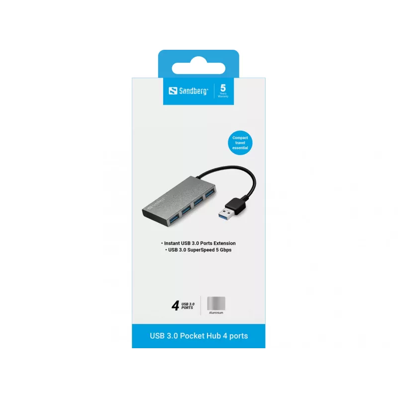 Sandberg USB 3.0 Pocket Hub 4 porti, USB 3.2 Gen 1 (3.1 Gen 1) Type-A, USB 3.2 Gen 1 (3.1 Gen 1) Type-A, 5000 Mbit/s, Balta, Alumīnijs, RoHS