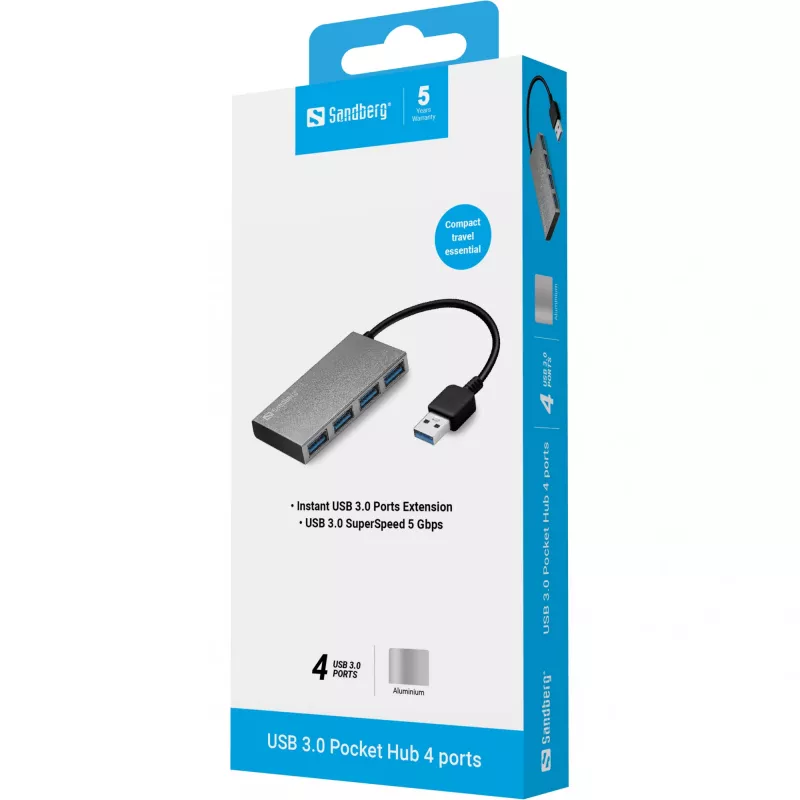 Sandberg USB 3.0 Pocket Hub 4 porti, USB 3.2 Gen 1 (3.1 Gen 1) Type-A, USB 3.2 Gen 1 (3.1 Gen 1) Type-A, 5000 Mbit/s, Balta, Alumīnijs, RoHS