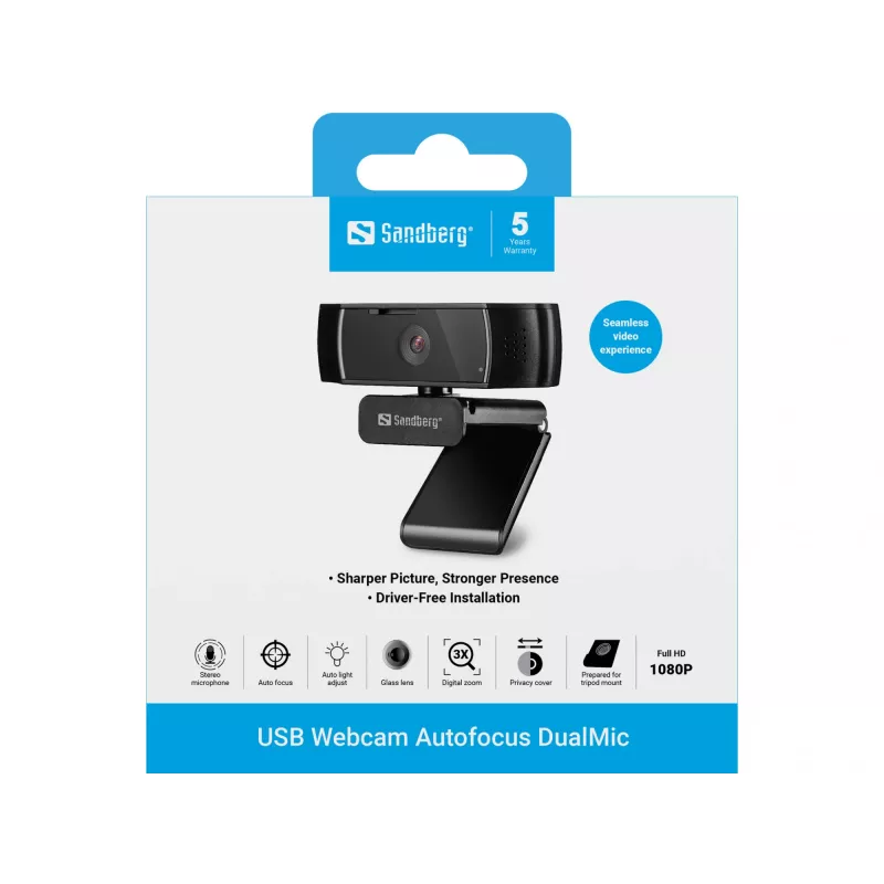 Sandberg USB Webcam Autofocus DualMic, 2.07 MP, 1920 x 1080 pikseļi, Full HD, 30 kadri/s, 70°, 70°