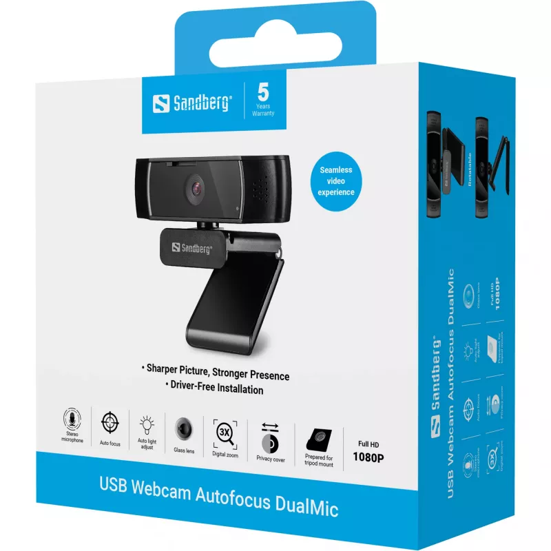Sandberg USB Webcam Autofocus DualMic, 2.07 MP, 1920 x 1080 pikseļi, Full HD, 30 kadri/s, 70°, 70°
