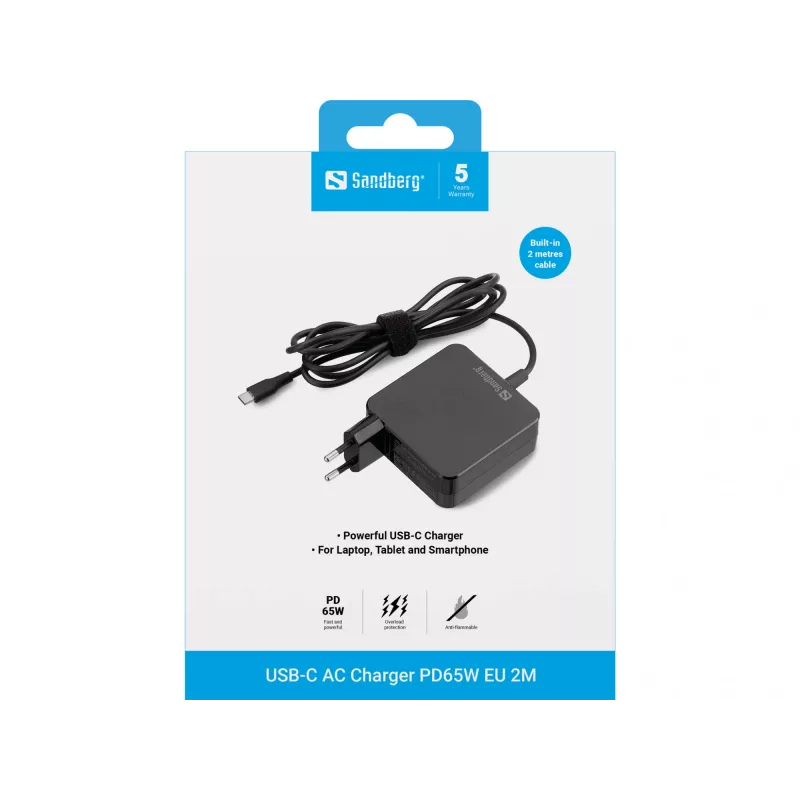 Sandberg USB-C maiņstrāvas lādētājs PD65W EU 2M, iekštelpu, maiņstrāva, 20 V, 1 m, melns
