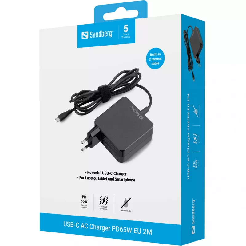 Sandberg USB-C maiņstrāvas lādētājs PD65W EU 2M, iekštelpu, maiņstrāva, 20 V, 1 m, melns