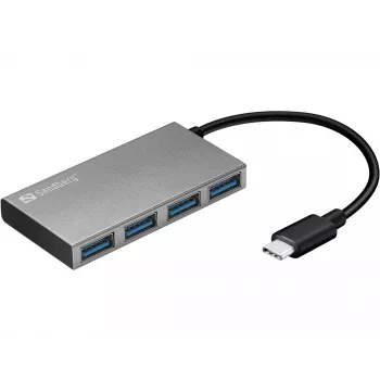 Sandberg USB-C uz 4 xUSB 3.0 kabatas centrmezgls, USB 3.2 Gen 1 (3.1 Gen 1) Type-C, USB 3.2 Gen 1 (3.1 Gen 1) Type-A, balts, alumīnijs, RoHS, Windows 10, Windows 7, Windows 8