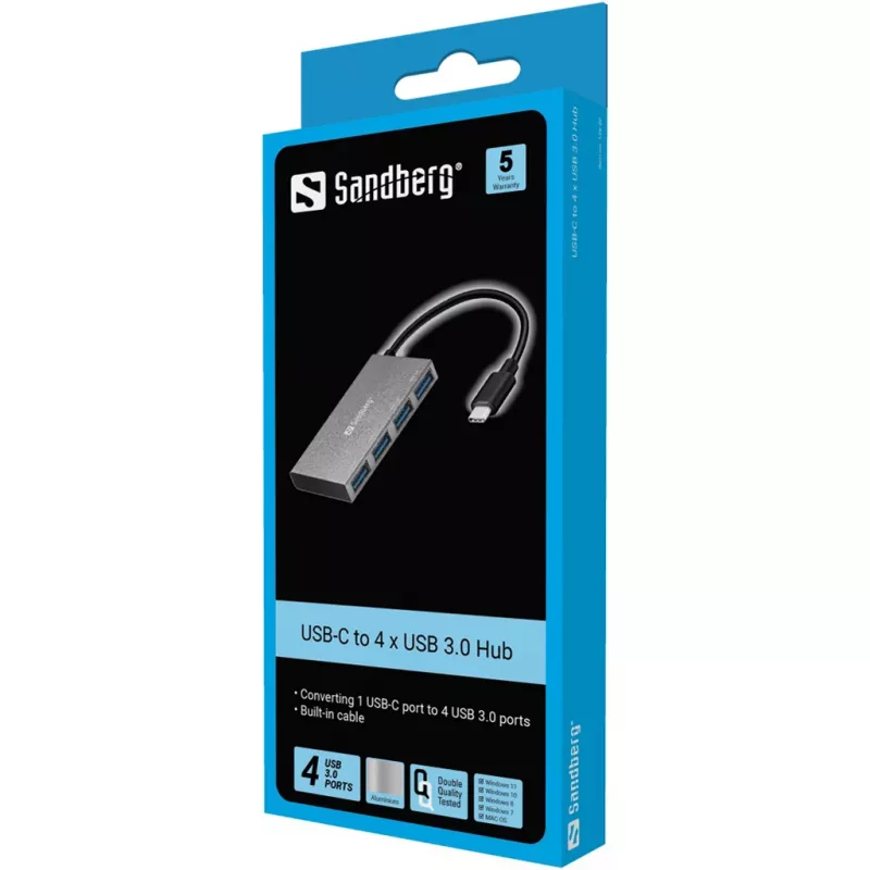 Sandberg USB-C uz 4 xUSB 3.0 kabatas centrmezgls, USB 3.2 Gen 1 (3.1 Gen 1) Type-C, USB 3.2 Gen 1 (3.1 Gen 1) Type-A, balts, alumīnijs, RoHS, Windows 10, Windows 7, Windows 8