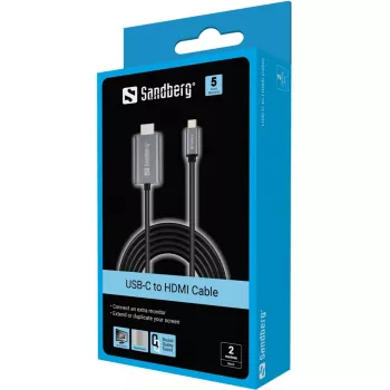 Sandberg USB-C uz HDMI kabelis 2M, 2 m, USB Type-C, HDMI, vīrieša, vīrieša, taisns