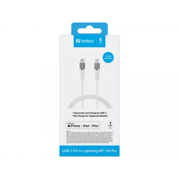 Sandberg USB-C PD to Lightning MFI 1M PRO, 1 m, Lightning, USB C, vīriešu, vīriešu, balts