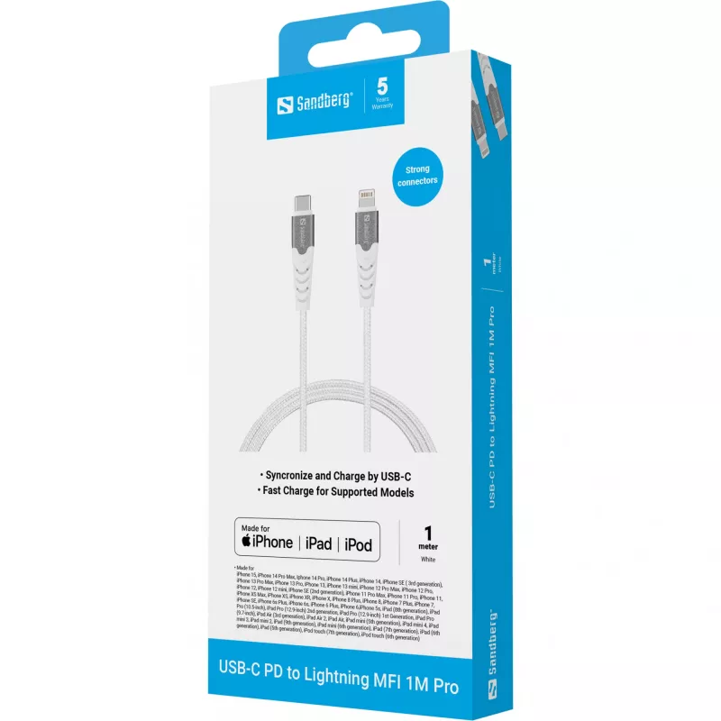 Sandberg USB-C PD to Lightning MFI 1M PRO, 1 m, Lightning, USB C, vīriešu, vīriešu, balts