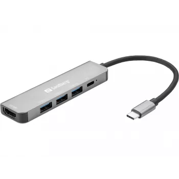 Sandberg USB-C Dokstacija HDMI+3xUSB+PD 100W, vadu, USB 3.2 Gen 1 (3.1 Gen 1) Type-C, 100 W, pelēka, 4K Ultra HD, alumīnijs