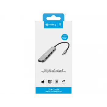 Sandberg USB-C Dokstacija HDMI+3xUSB+PD 100W, vadu, USB 3.2 Gen 1 (3.1 Gen 1) Type-C, 100 W, pelēka, 4K Ultra HD, alumīnijs